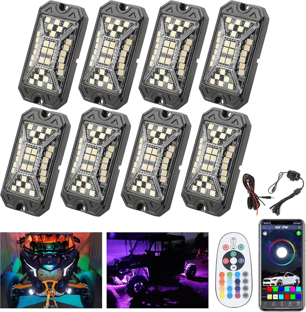 SUNPIE 8 Pods RGBW Rock Lights – Full Beam Angle, 30 High Power Chips, Aluminium Housing, Mounting Pads Included, IP67 Waterproof, Music Mode Underglow Lights, Fits Trucks, SUV, ATV, UTV, Boats