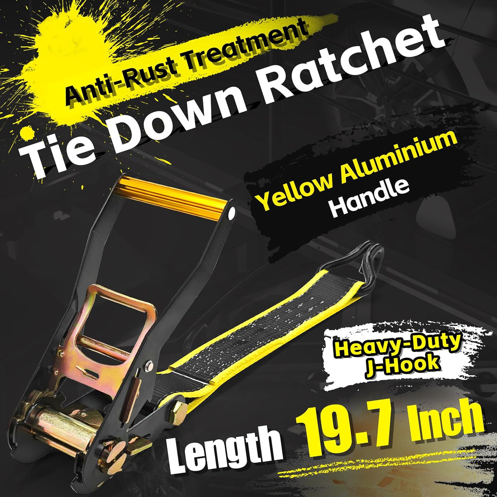KJE Reflective Car Tie Down Straps for Trailers 4 Pack- Premium Tire Ratchet Strap with (3) J Hooks (3) Rubber Blocks - 2" x 10' 10,000LBS Break Strength - Wheel Straps for Hauling UTV, SUV, Any Cars