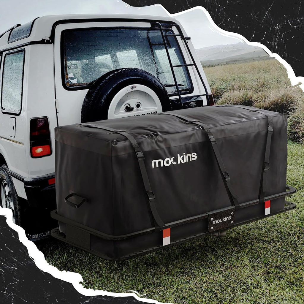 Mockins 25 Cu Ft XL Heavy Duty Trailer Hitch Cargo Carrier Bag All-Weather | 60"x24"x31" Cargo Bag for Hitch Carrier | Waterproof Truck Bed Storage | Vehicle Soft-Shell Carriers w/ Straps, Lock, & Case