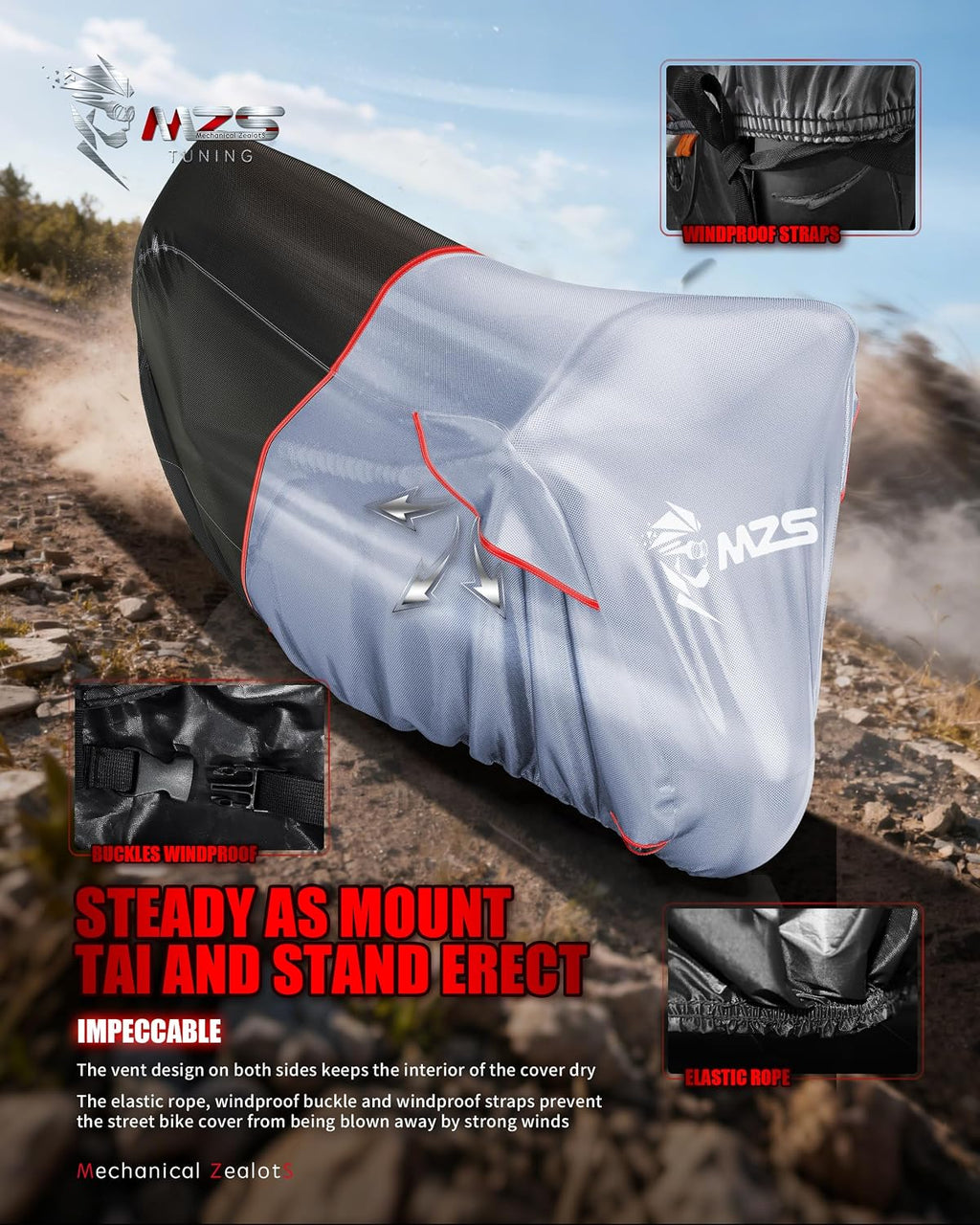 MZS Motorcycle Cover Waterproof Outdoor, Heavy Duty All Season Weather Sun Protection with Storage Bag Vents Night Reflective Cotton Lining Lock Holes fits up to 86" Motorbikes Vehicle Covers