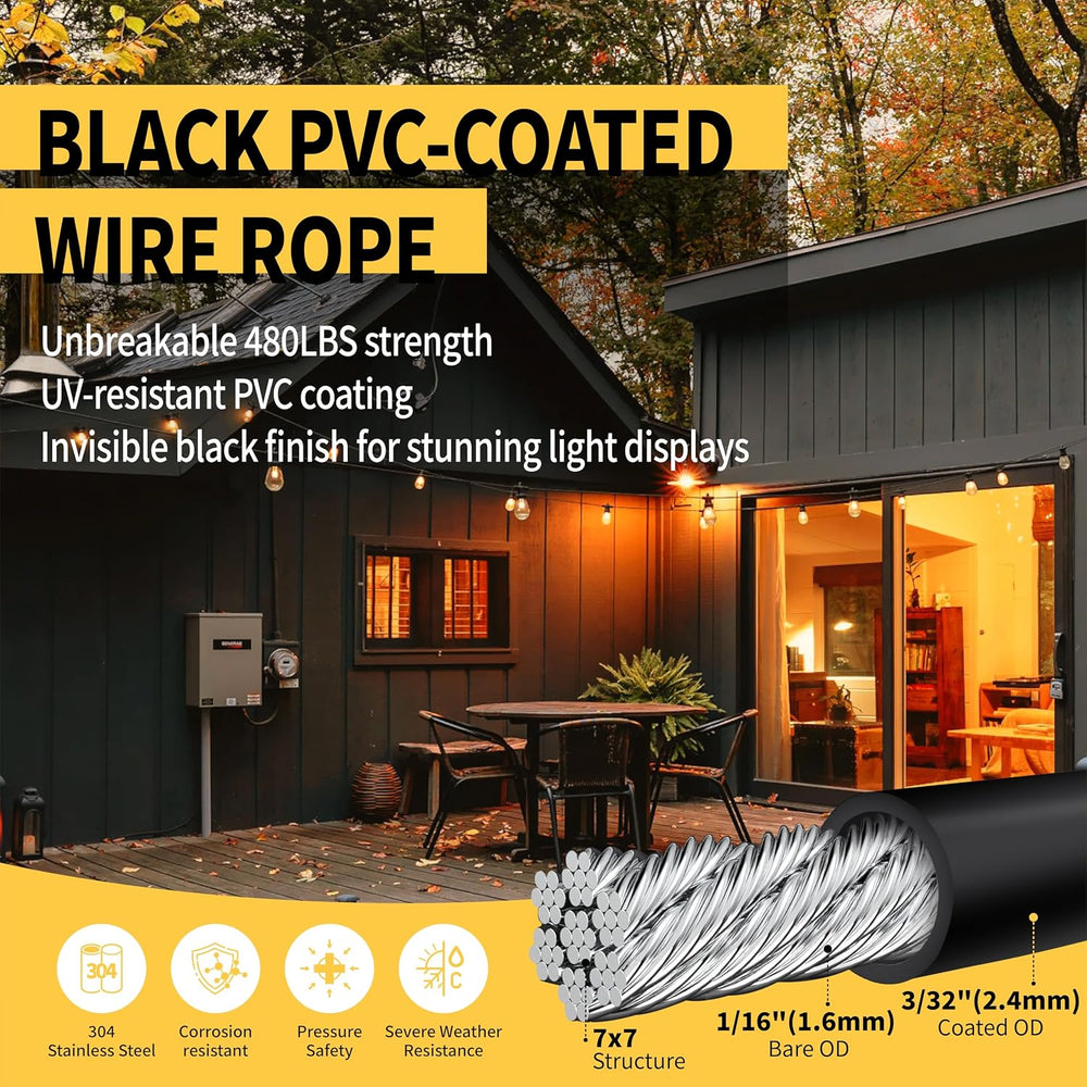 All-Black Globe String Light Suspension Kit, Guide Wire, 165FT