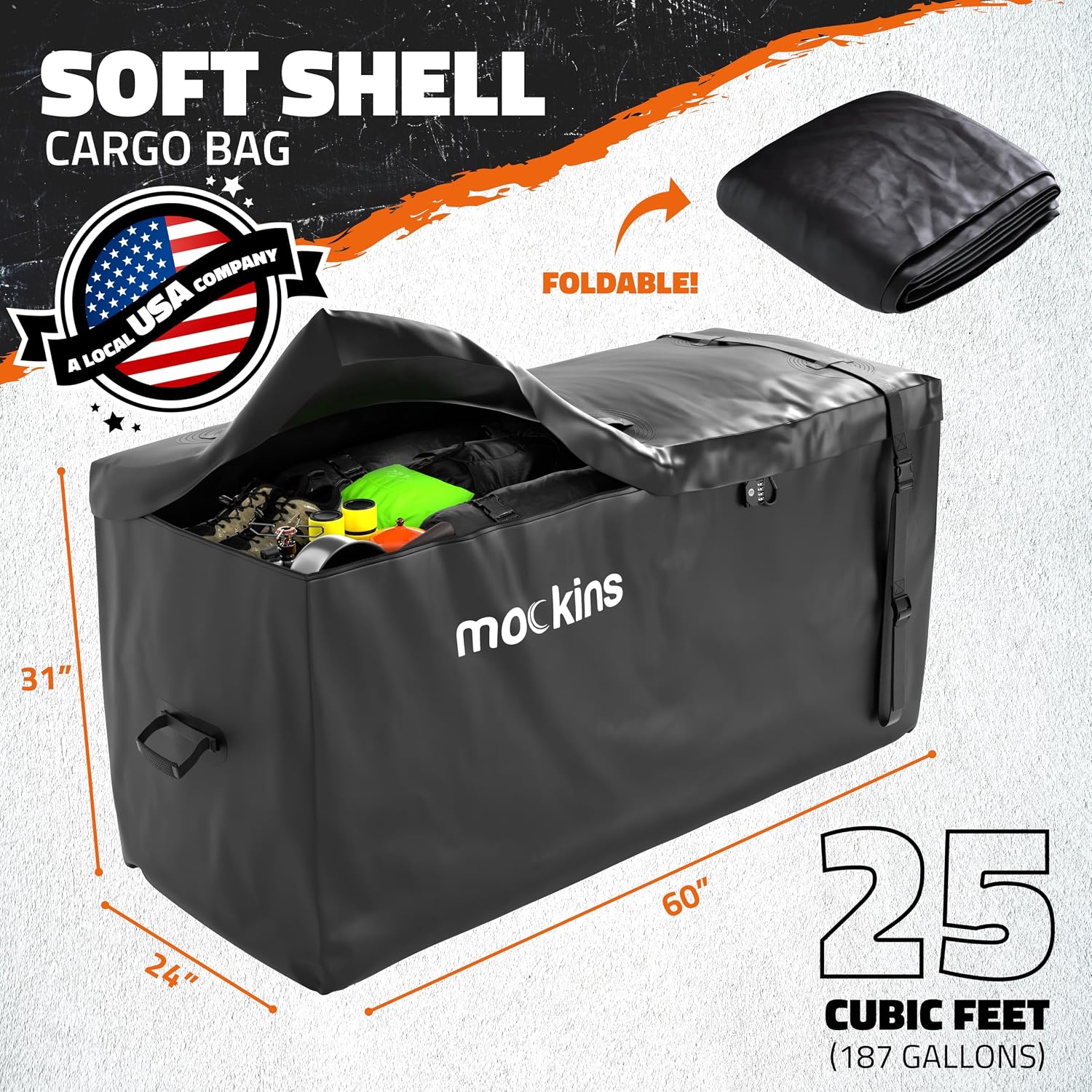 Mockins 25 Cu Ft XL Heavy Duty Trailer Hitch Cargo Carrier Bag All-Weather | 60"x24"x31" Cargo Bag for Hitch Carrier | Waterproof Truck Bed Storage | Vehicle Soft-Shell Carriers w/ Straps, Lock, & Case