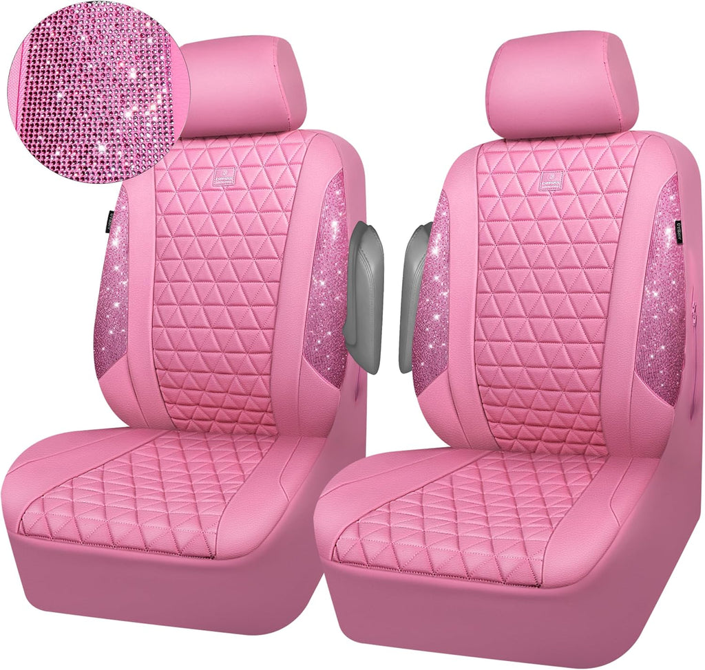 car pass bling diamond pink leather car seat, front angle view