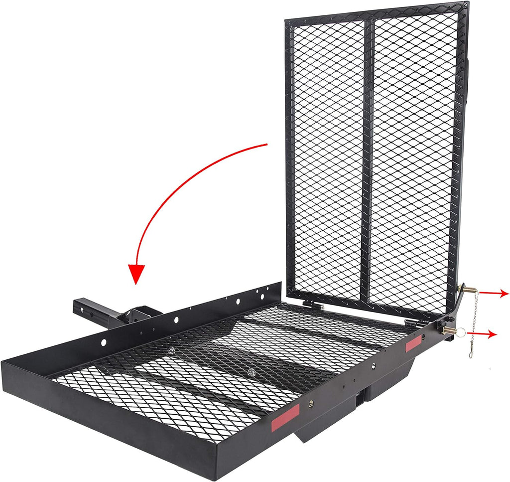 ECOTRIC 46.2 X 26.8 X 38.7 Inch Hitch Cargo Carrier W/Ramp Foldable 500 Lbs | Trailer Hitch Mount Steel Wheelchair Carrier Mobility Scooter Ramp 2" Hitch Receiver for Snow Blower SUV Truck Van Car