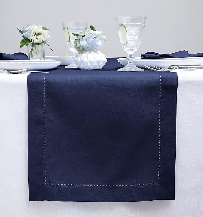 Solino Home Linen Navy Blue Table Runner 48 Inches - Classic Hemstitch, 100% ...