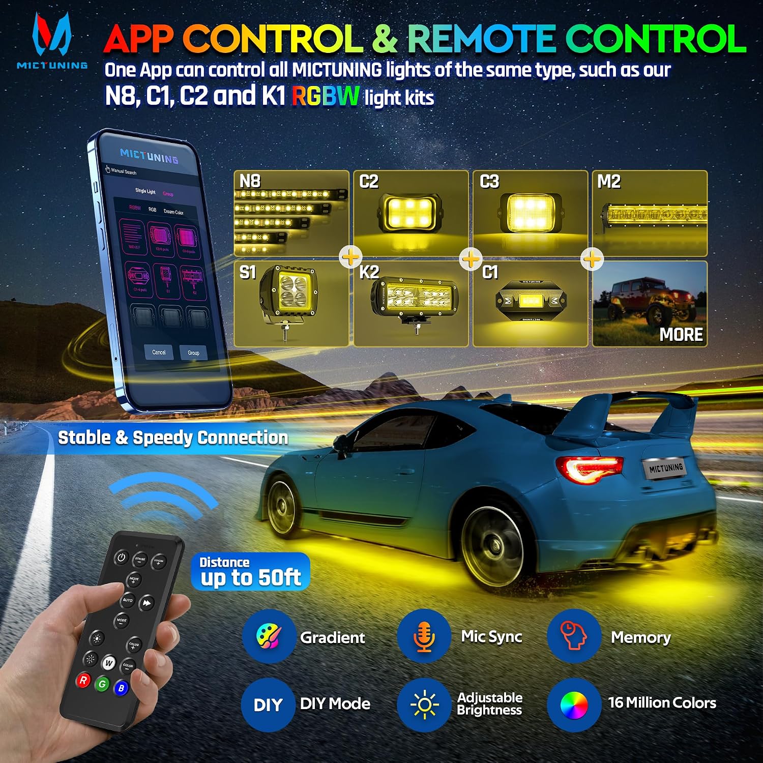 MICTUNING N8 Aluminum RGBW Car Underglow Light Kit with APP & Remote Control, Multi Mode Soundsync Neon Accent Light Bar, IP68 Waterproof,Multicolor Easter Gift