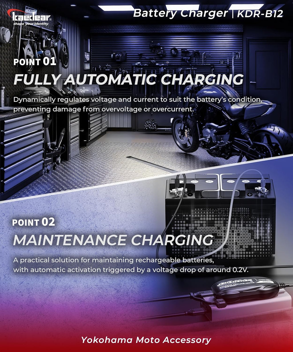 KAEDEAR Motorcycle Smart Battery Charger, USB Input, Mobile Battery Compatible, 12V, 2A, Maintenance Charging Function, Prevent Battery Damages, Perfect for Winter Storage, No Outlet Needed, KDR-B12