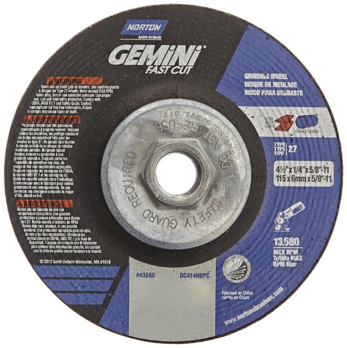 Norton Abrasives Grinding Wheel, Gemini Fast Cut Grinding Wheel, 4 1/2 for Right Angle Grinder - Pack of 10 Discs