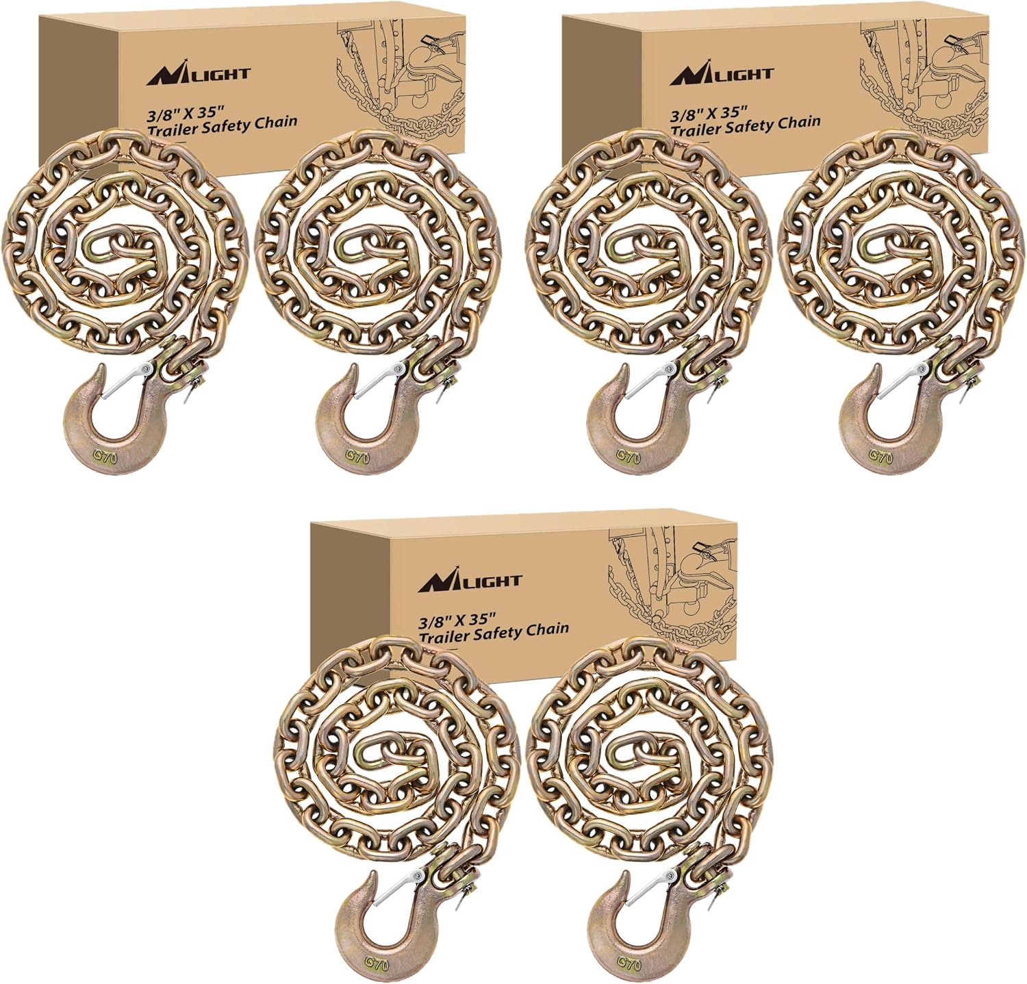 Nilight 3/8" X 35" Trailer Safety Chain 2pcs Grade 70 Towing Chain with Clevis Snap Hooks 26400lbs Break Strength use for Trailer, RV,and Boat Towing and Gooseneck Couplers (Pack of 3)