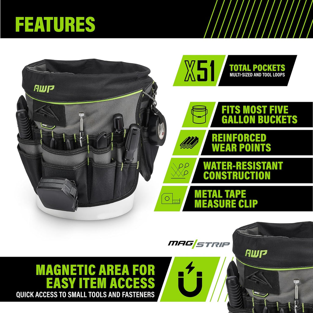 awp bucket tool organizer 51-pocket, utility tool bag shown in use