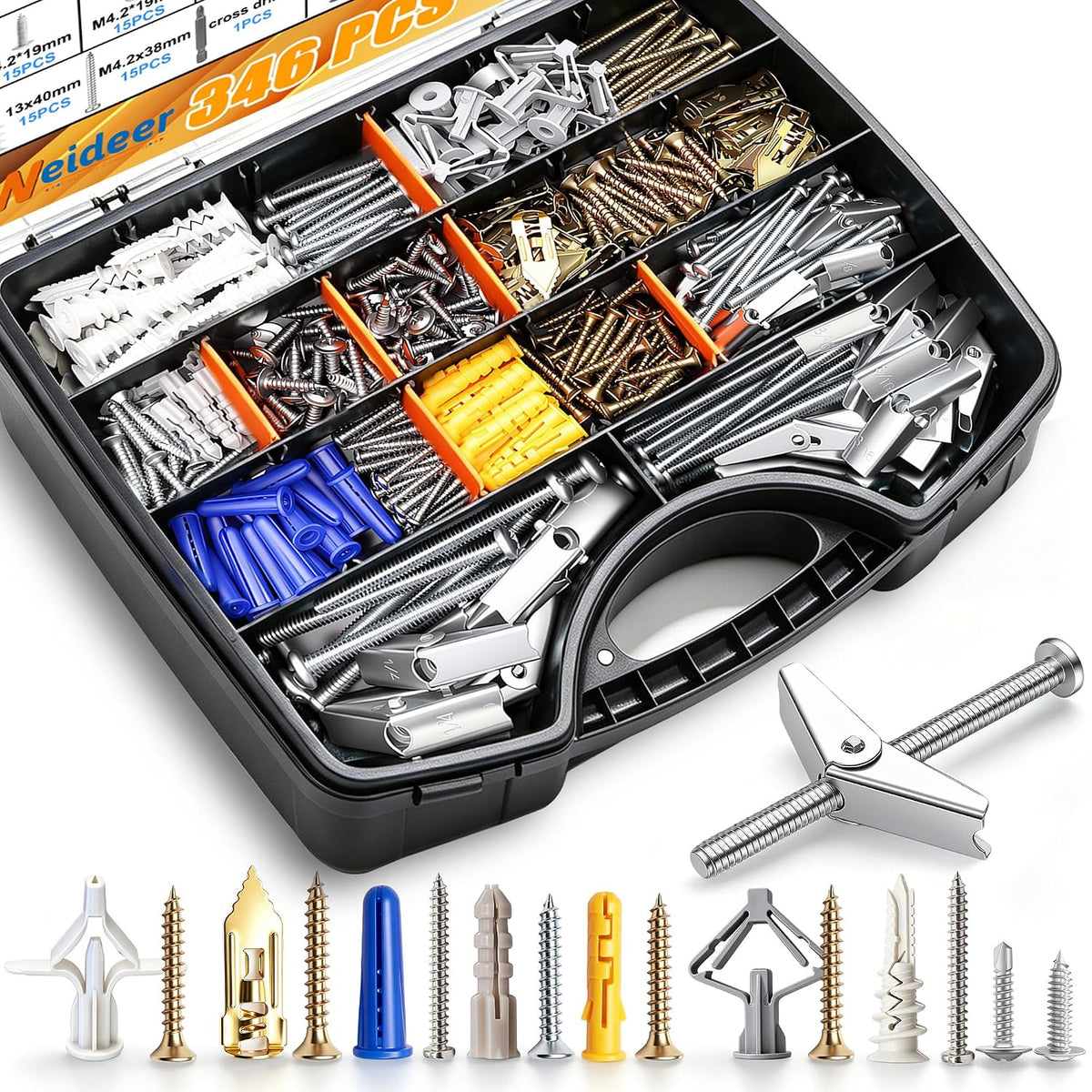 weideer 346pcs 11sizes drywall anchors and screws assortment, main product view