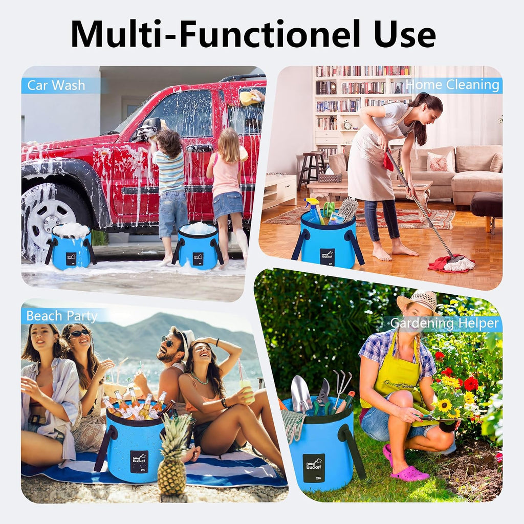 5 Gallon Collapsible Bucket with Handle, Foldable Water Bucket for Car Wash, Camping, Fishing & Beach, Portable Water Storage Container for Car Cleaning(20L-Blue)