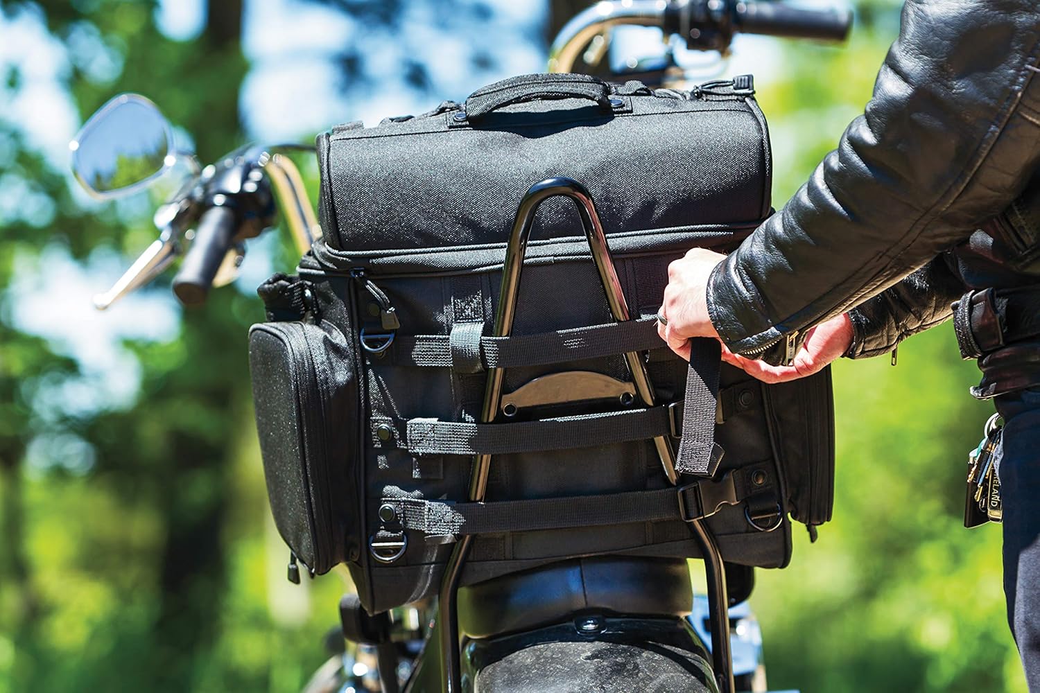 Kuryakyn 5285 Momentum Vagabond Motorcycle Travel Luggage: Weather Resistant Seat/Trunk/Rack Bag with Sissy Bar Straps, Black