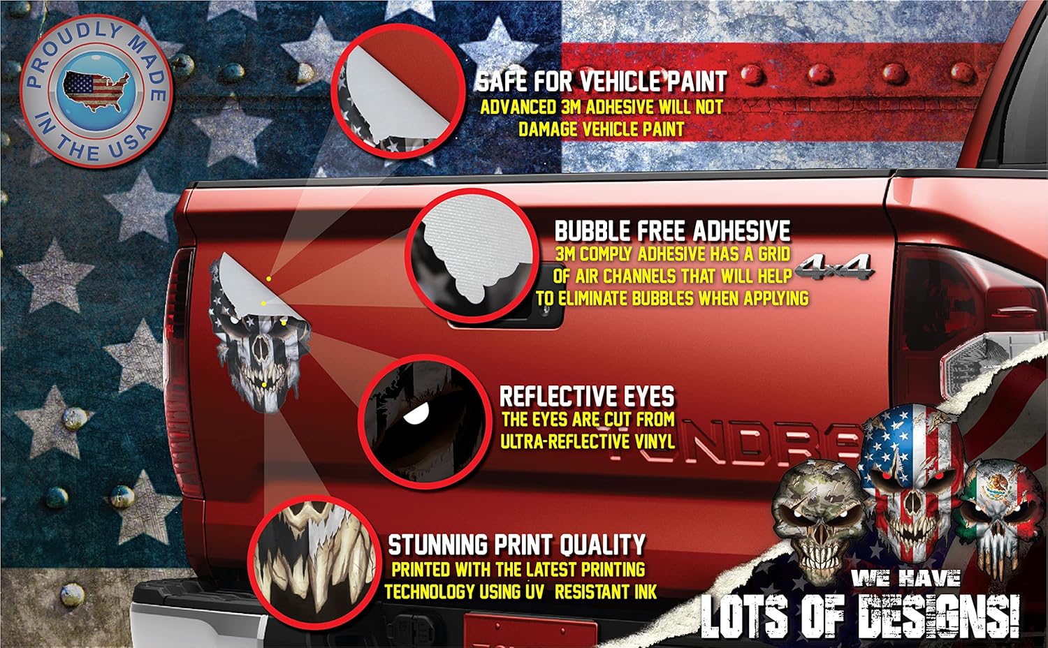 Puerto Rican Country Flag Skull Decal Sticker with Reflective Eyes America Puerto Rico Pride Stickers for Cars Trucks Star Logo Emblem Graphic - Safe for Vehicle Paint - 3M Vinyl Graphic