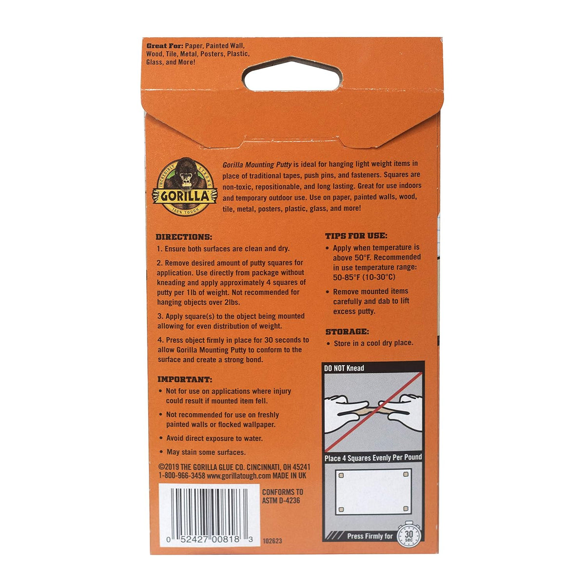 gorilla mounting putty, natural tan color, 84 pre-cut, side view
