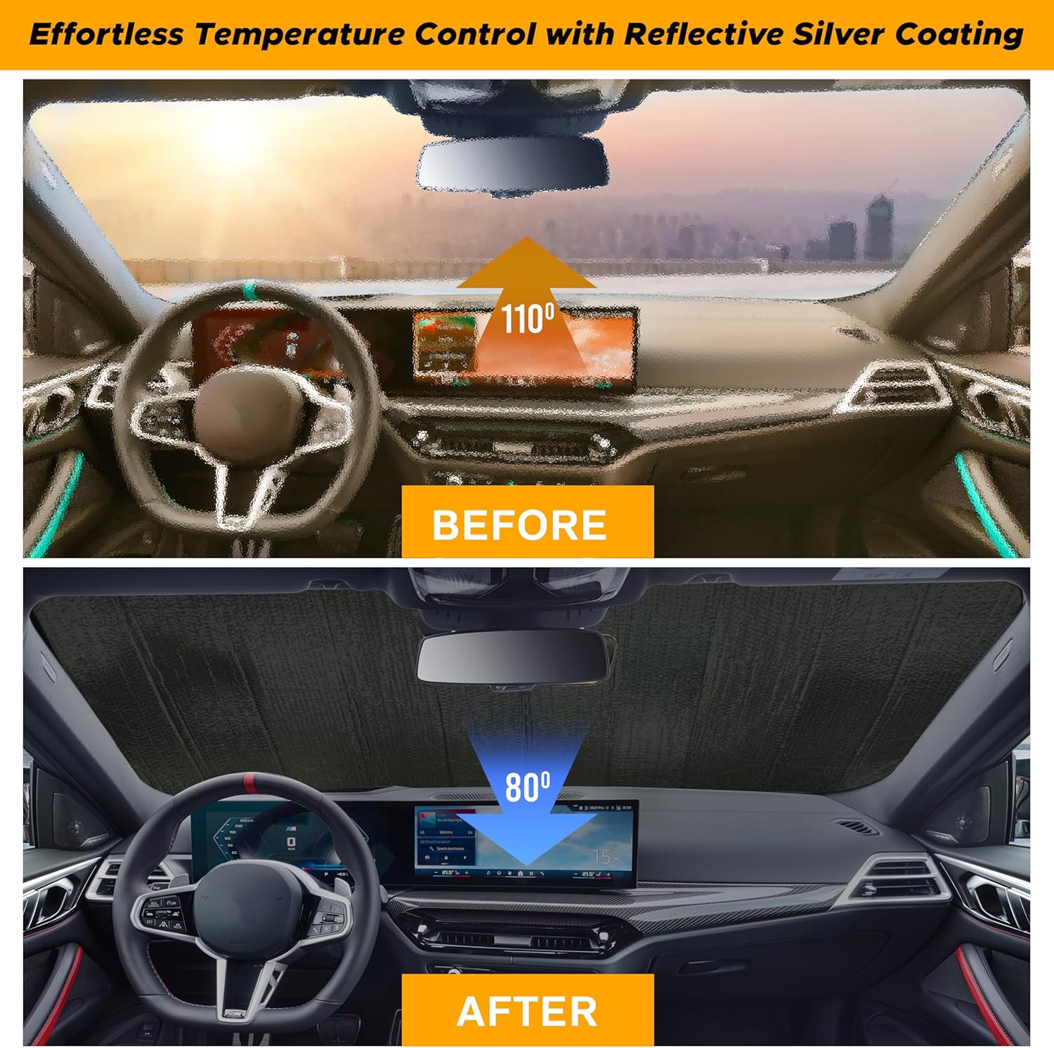 EcoNour Accordion Foldable Windshield Sun Shade | Premium Reflective Sun Visor for SUVs & Pickups Windshields | UV & Heat Reflective Sunshade with Durable Dual-Layer Design | Large (58 x 28)