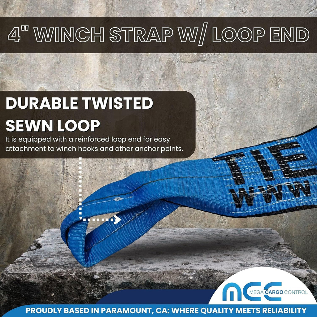 Mega Cargo Control 4" Flatbed Winch Straps with Loop Ends - 5,400 Lbs WLL Heavy Duty Tie Downs (4 Pack) 30' Long Blue Webbing