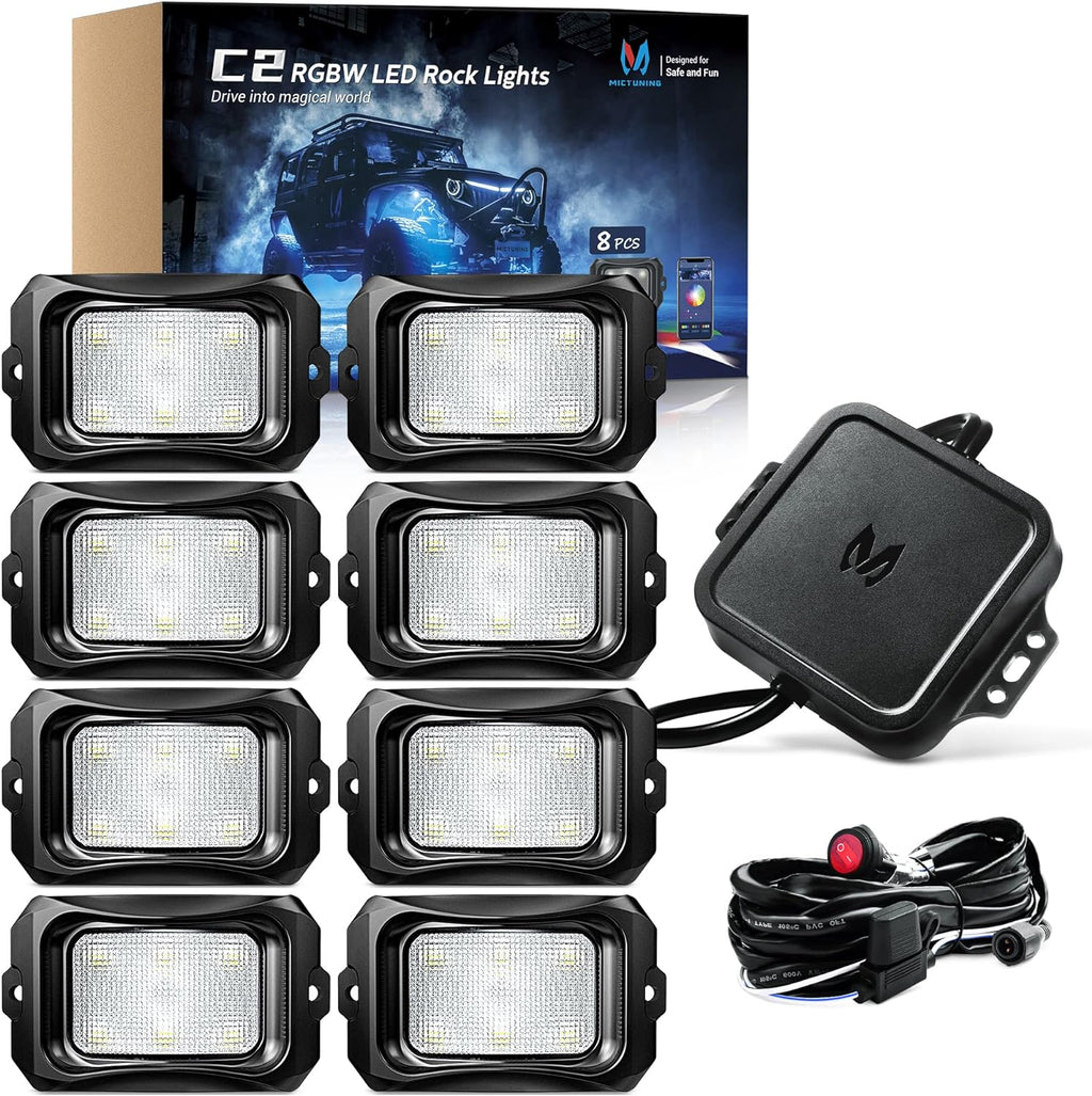 MICTUNING C2 Curved RGBW LED Rock Lights - 8 Pods Underglow Multicolor Neon Light with Wiring Switch Kit, Bluetooth Controller with APP Control