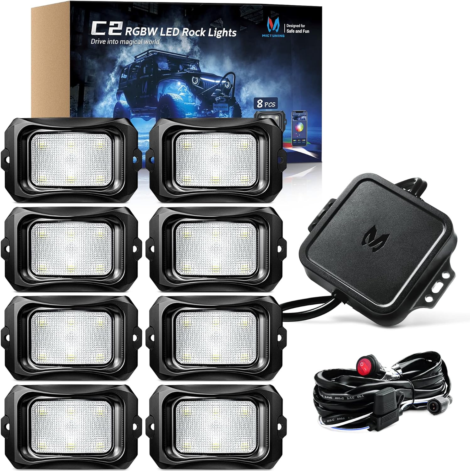 MICTUNING C2 Curved RGBW LED Rock Lights - 8 Pods Underglow Multicolor Neon Light with Wiring Switch Kit, Bluetooth Controller with APP Control