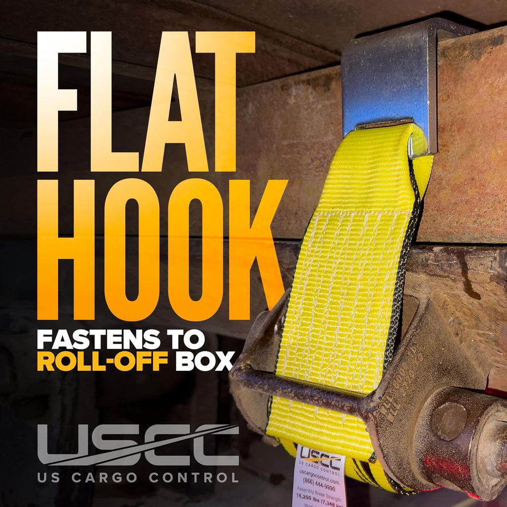 US Cargo Control 4" x 5' Roll Off Container Winch Straps with Flat Hook & Sewn Loop End (2 Pack), 5,400 LBS Working Load Limit, 4 Inch Winch Straps for Roll Off Dumpster and Container Trucks