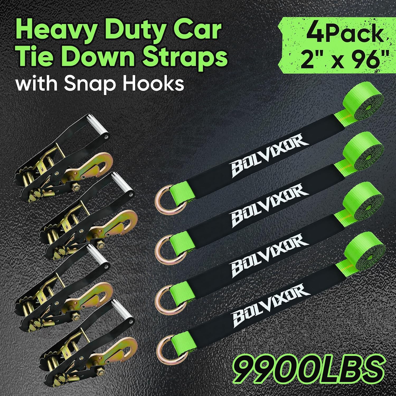 4 Pack Car Tie Down Straps for Trailers - 2" x 96" - 9900LBS Break Strength - Tire Ratchet Strap with Snap Hooks - Adjustable Wheel Straps for Hauling UTV, SUV, Truck, Any Cars