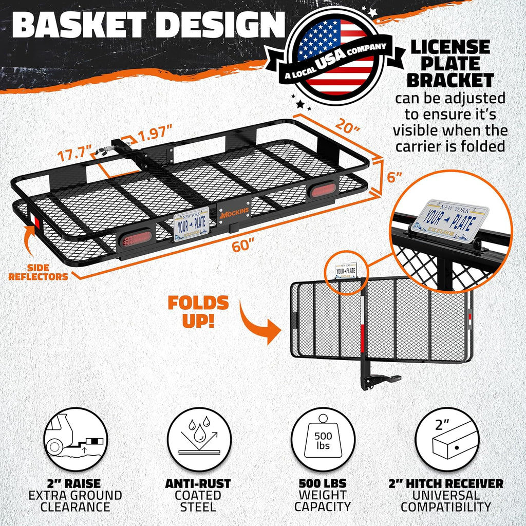 Mockins Trailer Hitch Cargo Carrier w/License Plate Holder & Rear Lights | 60"x20"x6" Heavy Duty 500 Lbs. Capacity Cargo Carrier Hitch Mount Basket | Folding Luggage Rack for SUV Car Truck & RV