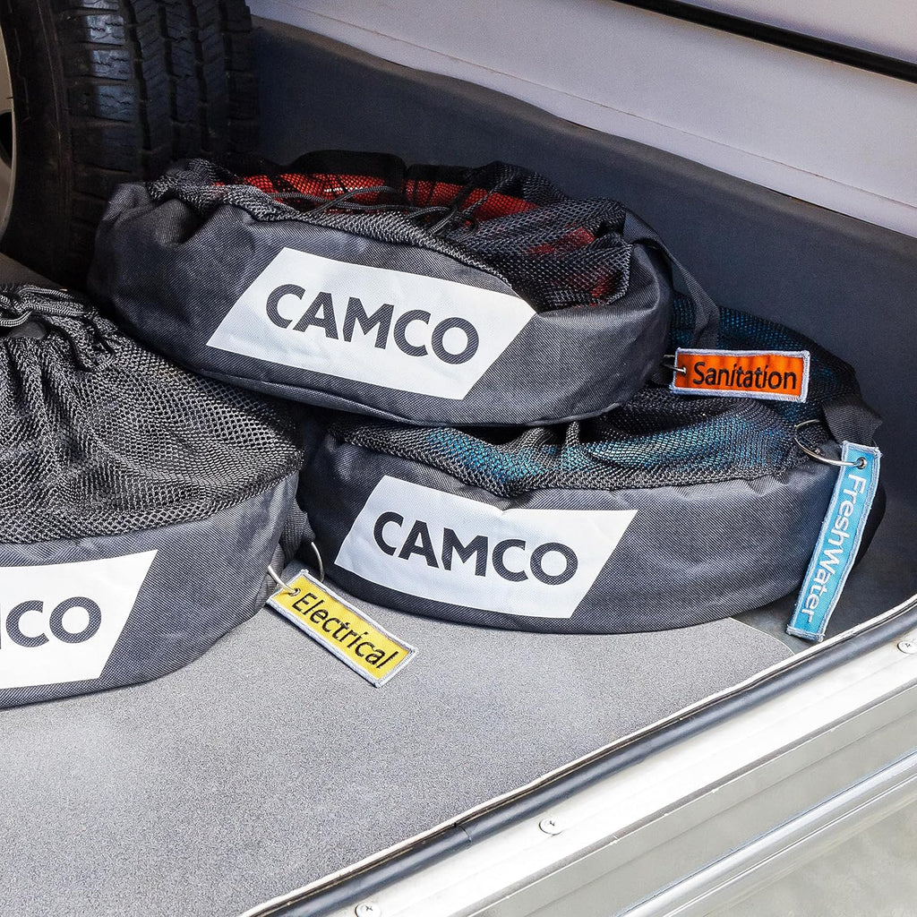 Camco Camper & RV Equipment Storage Bag - Features Lined Interior w/Breathable Mesh Top & Barrel Lock Clasp - Includes 3 ID Tags for RV Storage and Organization - 16” in Diameter x 10” Deep (53097)