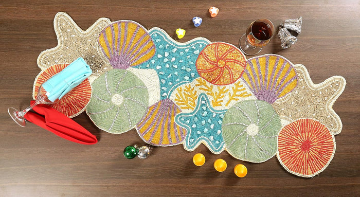 Lightnpro Seashell Hand Beaded Needlework Decorative Orange Blue Table Runner for Christmas Easter Fall Harvest Halloween Thanksgiving - A Beautiful Complement to Your Table Décor - 13x36 Inch