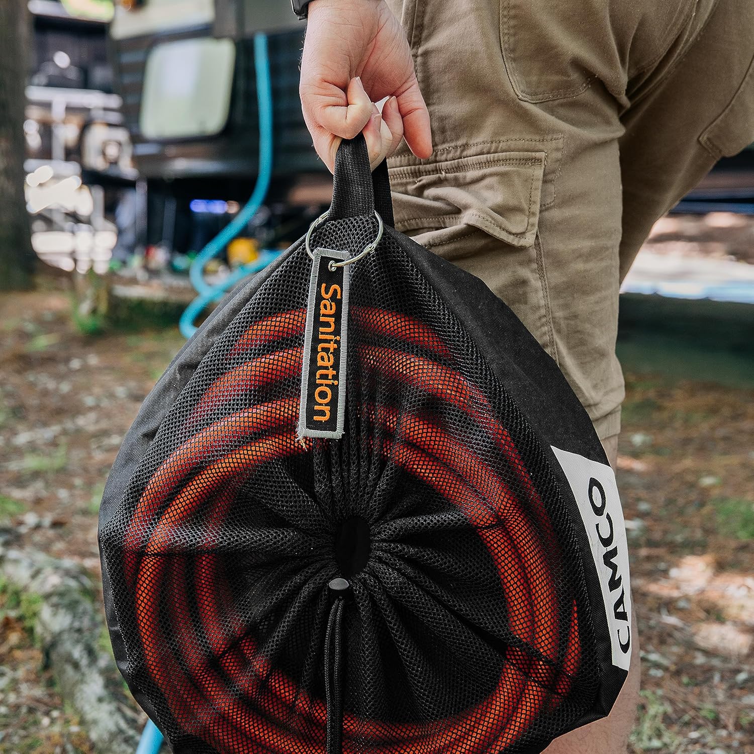 Camco Camper & RV Equipment Storage Bag - Features Lined Interior w/Breathable Mesh Top & Barrel Lock Clasp - Includes 3 ID Tags for RV Storage and Organization - 16” in Diameter x 10” Deep (53097)
