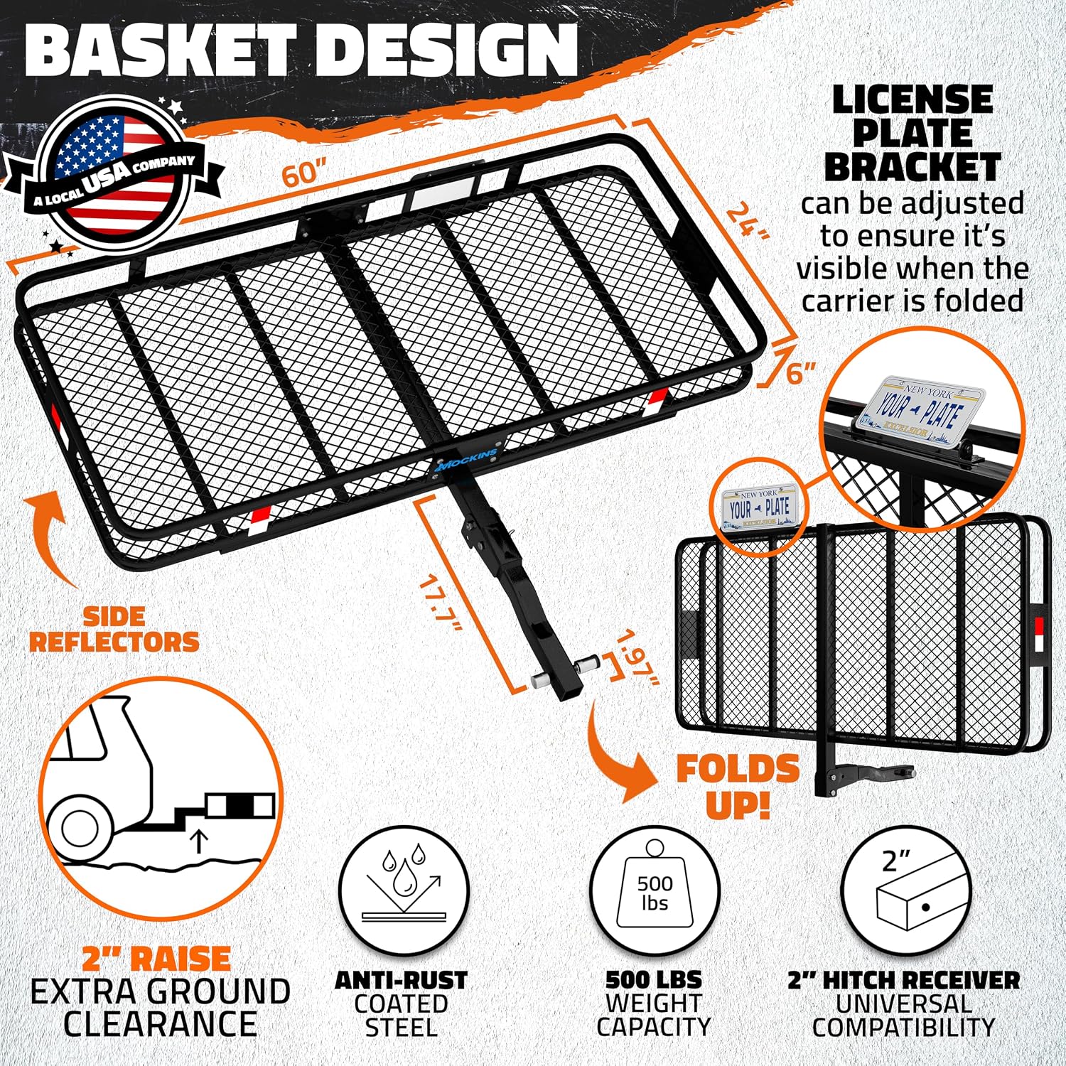 Mockins 60"x24"x6" Heavy Duty Steel Folding Trailer Hitch Cargo Carrier | w/ 25 Cu Ft Waterproof Cargo Bag for Hitch Carrier | 500 lbs Luggage Rack for SUV Car & Truck w/ Plate Bracket & Accessories