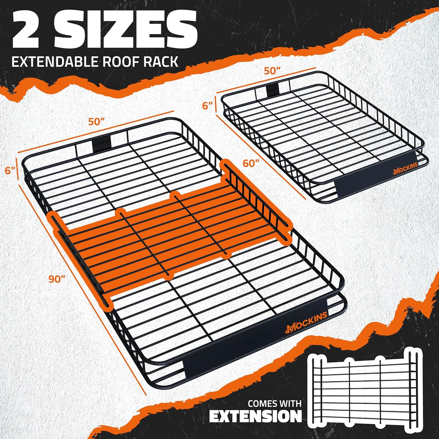 Mockins 90"x50"x6" XXL Heavy Duty Roof Rack Cargo Basket 2-Size Extendable | 250 Lbs Cap Steel Luggage Carrier for Car Rooftop Set w/ Straps| All-Weather Roof Cargo Carrier for SUV, RV, & Large Vehicles