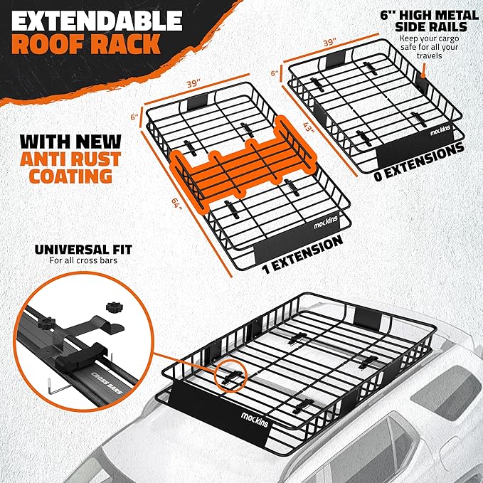 Mockins 64"x39"x6" Extendable Heavy Duty Roof Rack Basket w/ 16 CuFt Waterproof - Image 4